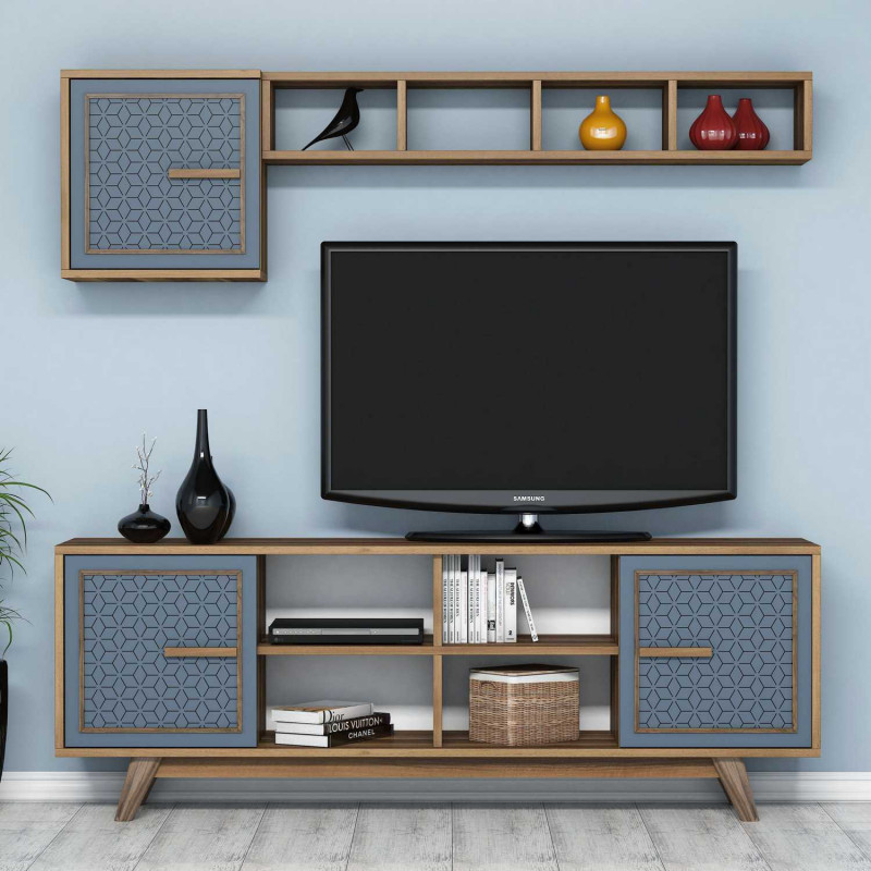 Mueble TV con estante Ayla azul nogal Practica Hogar Mueble TV con estante Ayla azul nogal Practica Hogar