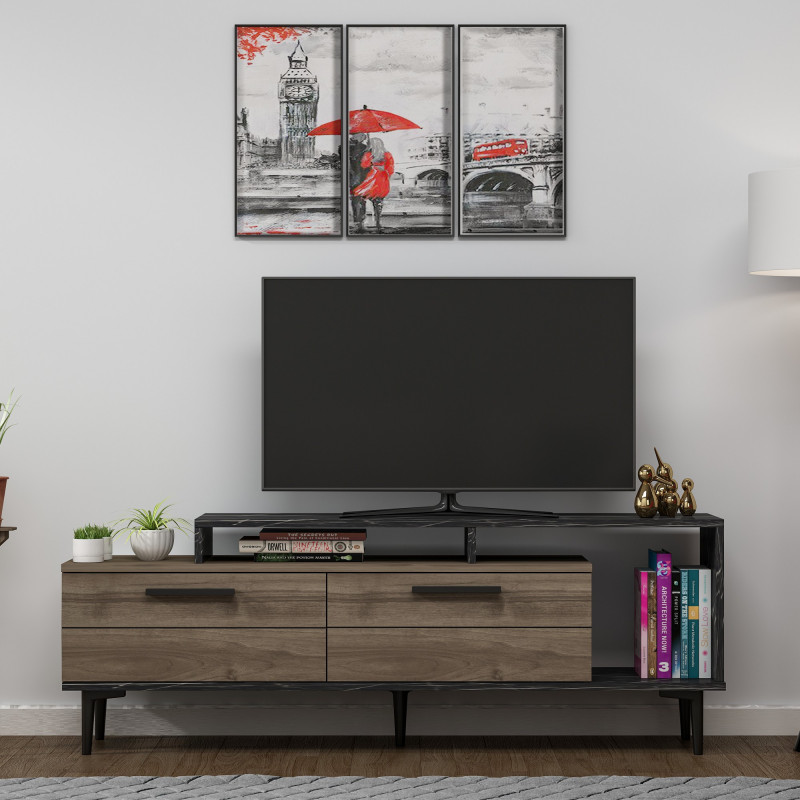 Mueble TV Niva Nogal Mármol negro Practica Hogar Mueble TV Niva Nogal Mármol negro Practica Hogar
