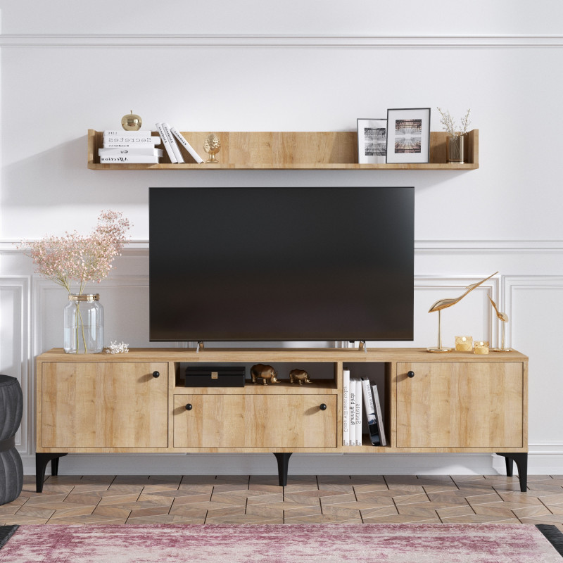 Mueble TV con estante Grega roble Practica Hogar Mueble TV con estante Grega roble Practica Hogar