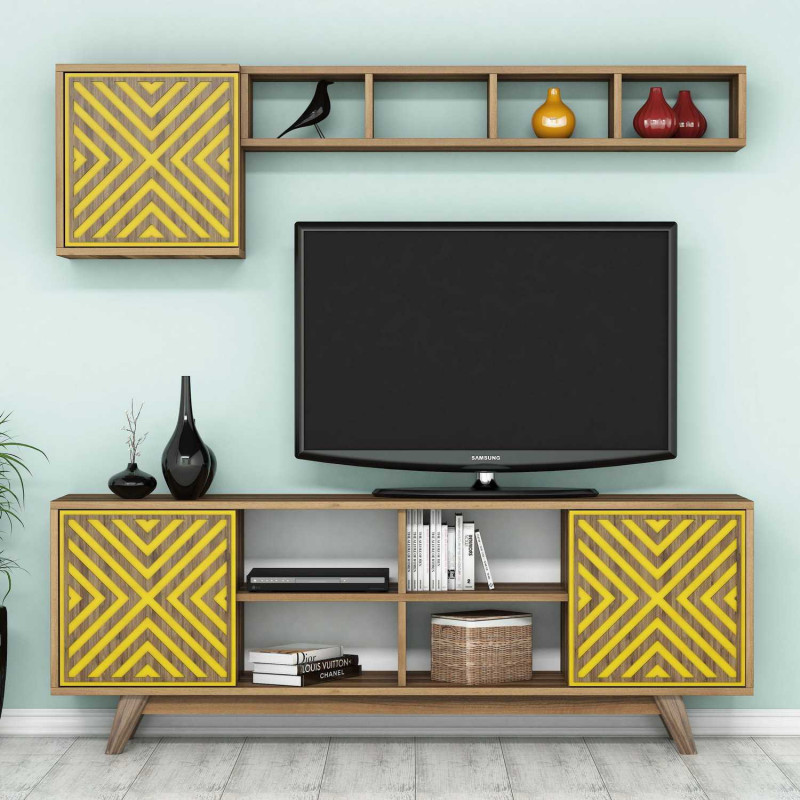 Mueble TV con estante İnci amarillo nogal Practica Hogar Mueble TV con estante İnci amarillo nogal Practica Hogar