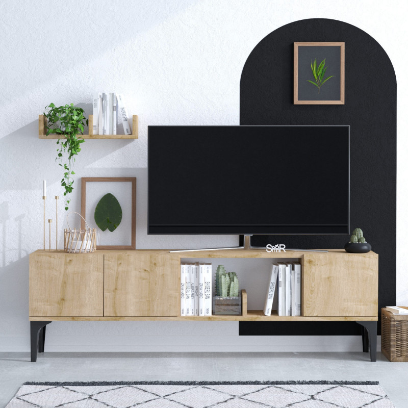 Mueble TV con estante Vesta-DEC0071 zafiro roble negro Practica Hogar Mueble TV con estante Vesta-DEC0071 zafiro roble negro Practica Hogar