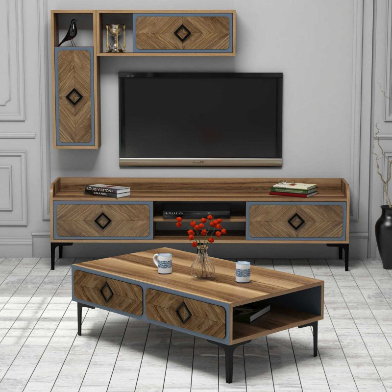 Conjunto de muebles de salón Samba azul nogal Practica Hogar Conjunto de muebles de salón Samba azul nogal Practica Hogar