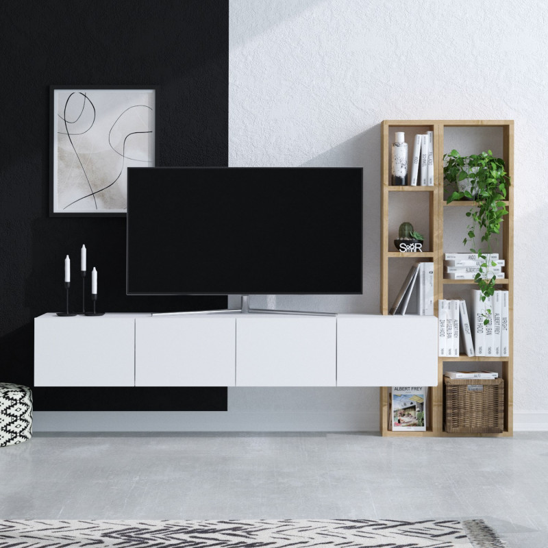 Mueble TV con estante Pana roble blanco Practica Hogar Mueble TV con estante Pana roble blanco Practica Hogar