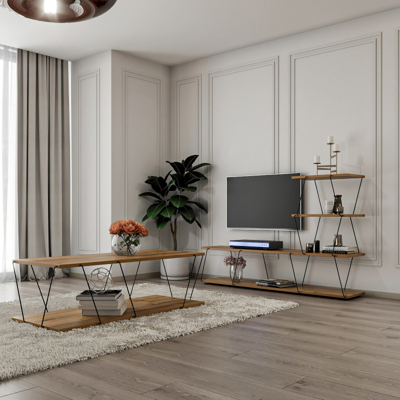 Conjunto de muebles de salón Bashak pino atlántico negro Practica Hogar Conjunto de muebles de salón Bashak pino atlántico negro Practica Hogar
