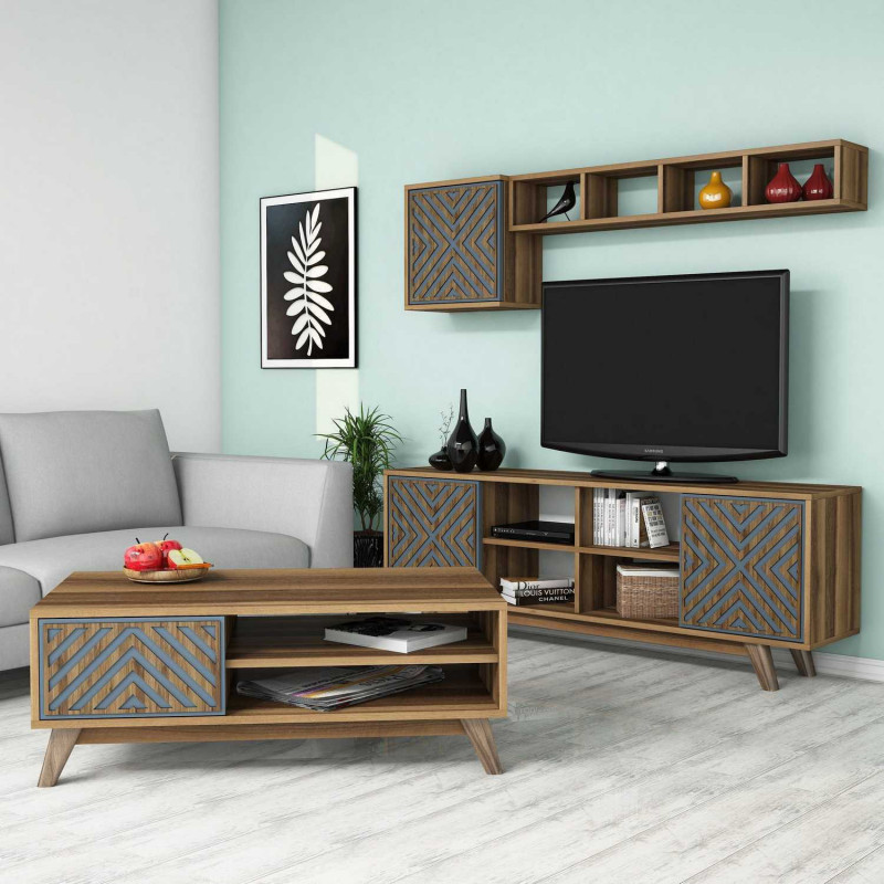 Conjunto de muebles de salón İnci azul nogal Practica Hogar Conjunto de muebles de salón İnci azul nogal Practica Hogar