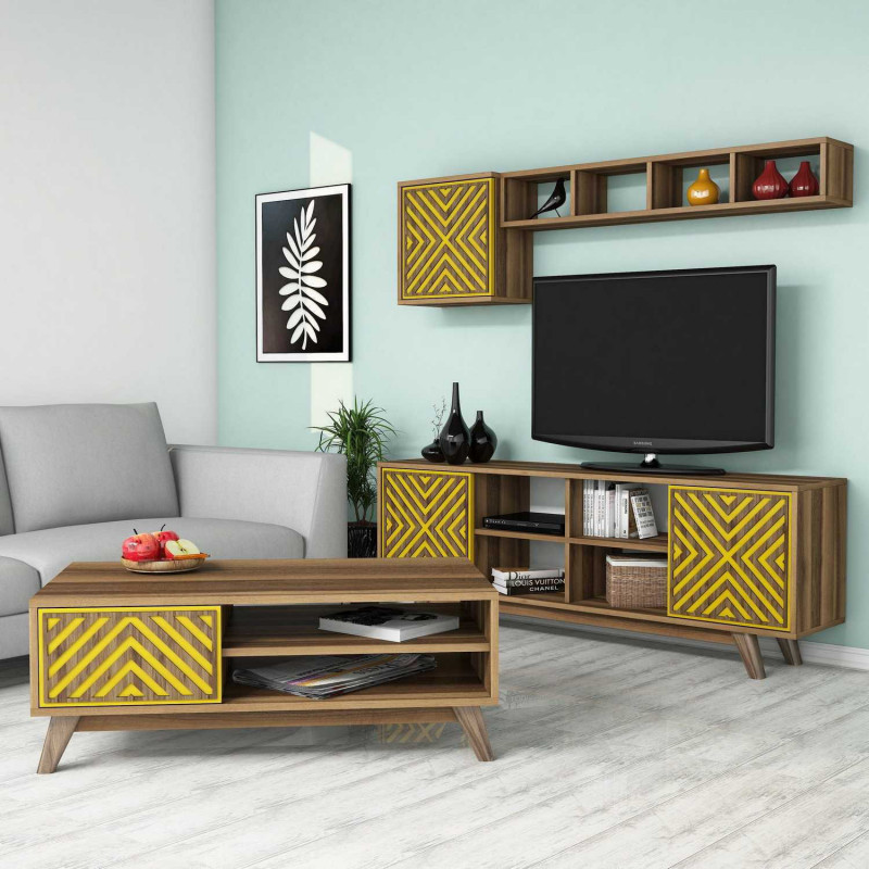 Conjunto de muebles de salón İnci amarillo nogal Practica Hogar Conjunto de muebles de salón İnci amarillo nogal Practica Hogar
