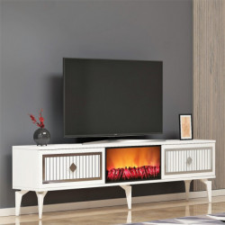 Mueble TV Flame Fireplace Blanco Plata Practica Hogar