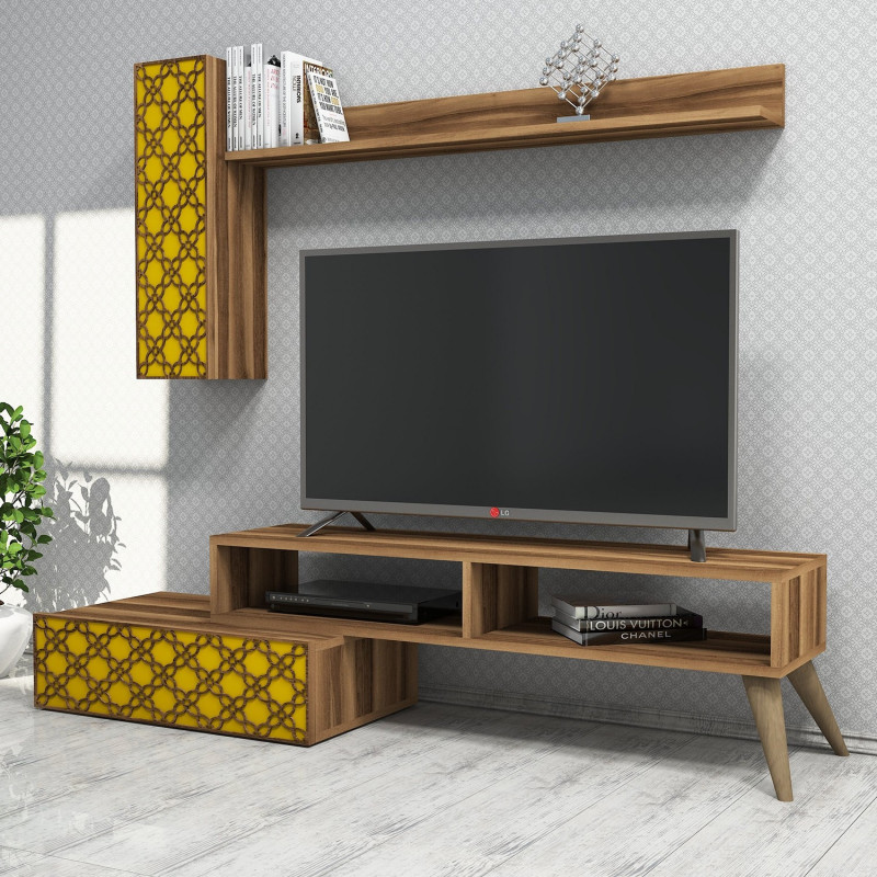 Mueble TV con estante Planet amarillo nogal Practica Hogar Mueble TV con estante Planet amarillo nogal Practica Hogar