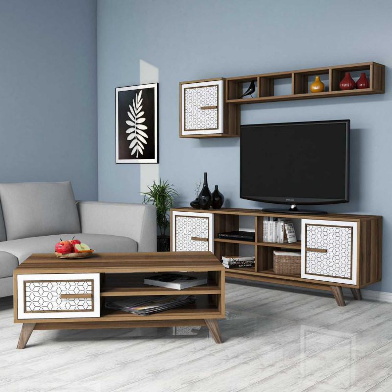 Conjunto de muebles de salón Ayla blanco nogal Practica Hogar Conjunto de muebles de salón Ayla blanco nogal Practica Hogar