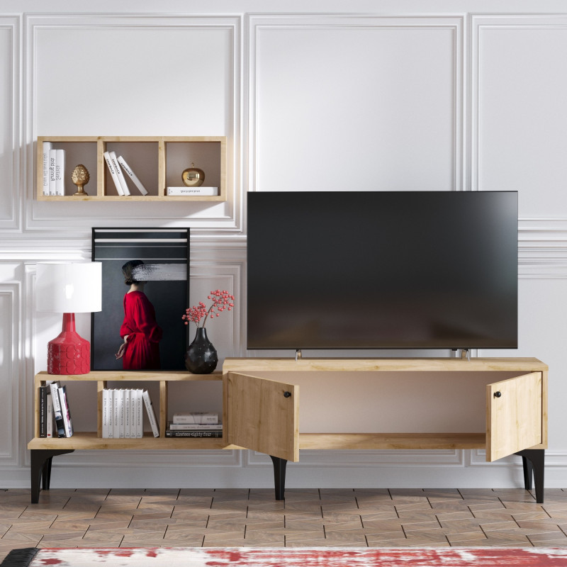 Mueble TV con estante Justo roble Practica Hogar Mueble TV con estante Justo roble Practica Hogar