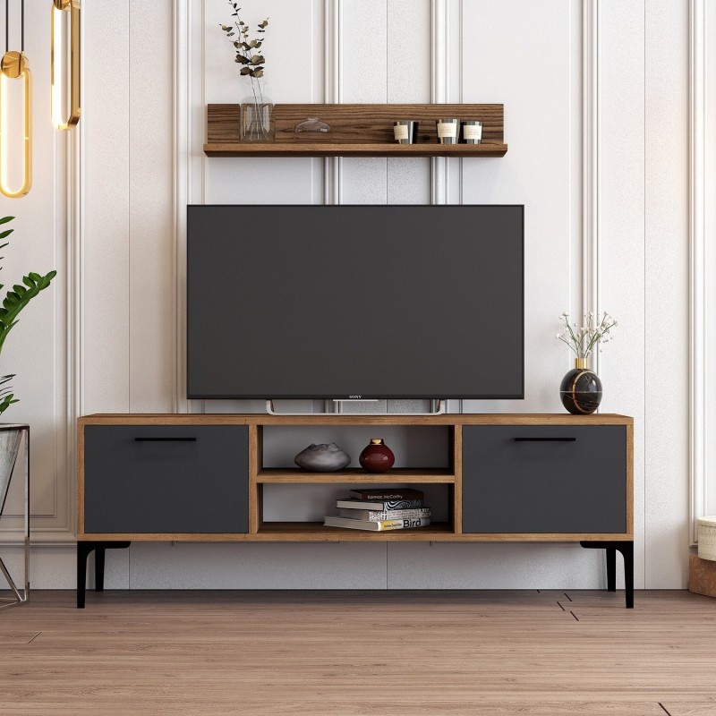 Mueble TV con estante Riga nogal antracita Practica Hogar Mueble TV con estante Riga nogal antracita Practica Hogar