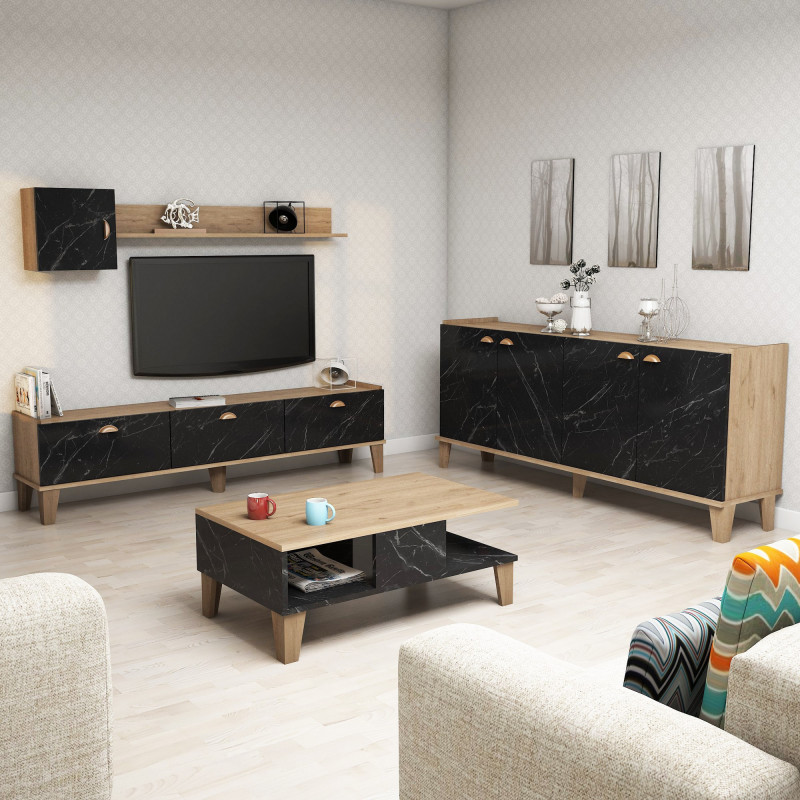 Conjunto de muebles de salón Sumer 2 mármol roble Practica Hogar Conjunto de muebles de salón Sumer 2 mármol roble Practica Hogar