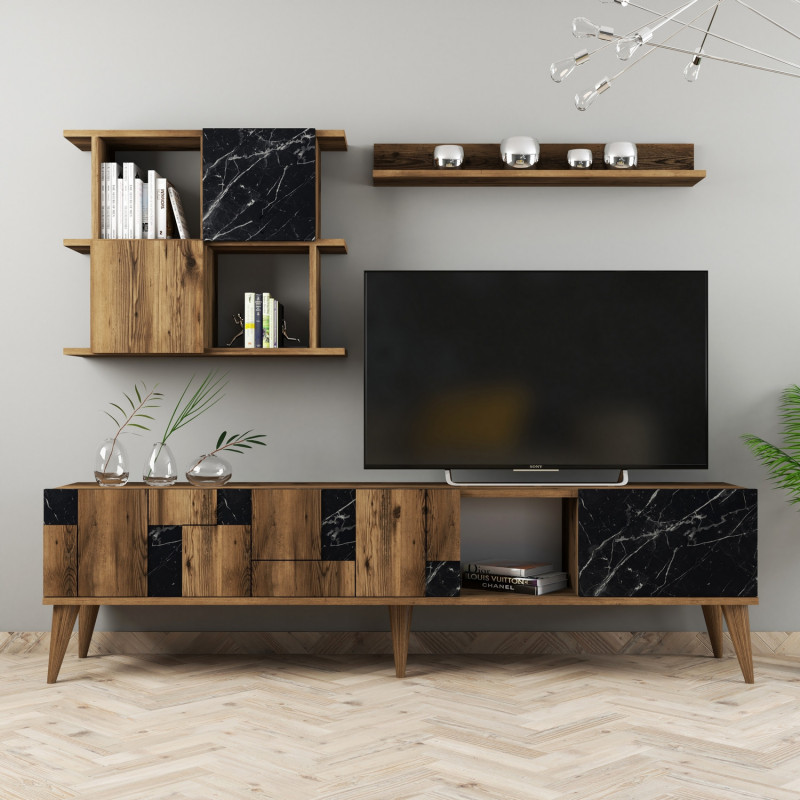 Mueble TV con estante Madrid negro nogal Practica Hogar Mueble TV con estante Madrid negro nogal Practica Hogar